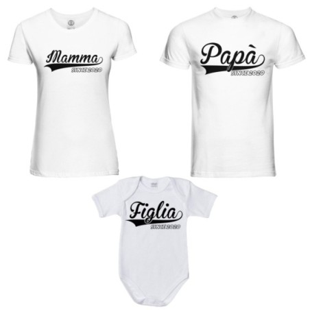 Tris t-shirt adulti body personalizzato con anno papà since mamma since figlio figlia since Per la famiglia