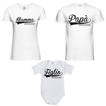 Tris t-shirt adulti body personalizzato con anno papà since mamma since figlio figlia since Per la famiglia
