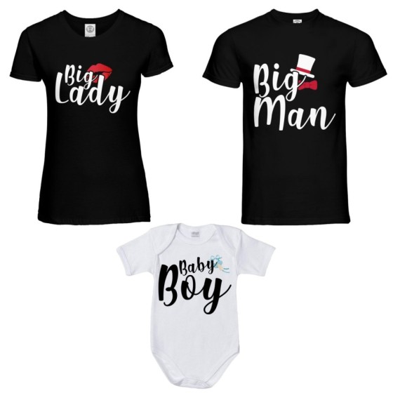 Tris t-shirt adulti e body neonato big man big lady baby boy baby lady Per la famiglia 2