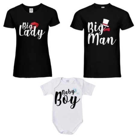 Tris t-shirt adulti e body neonato big man big lady baby boy baby lady Per la famiglia