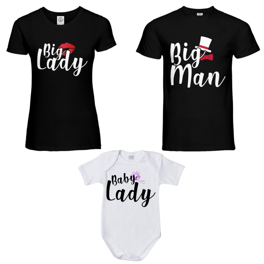Tris t-shirt adulti e body neonato big man big lady baby boy baby lady Per la famiglia