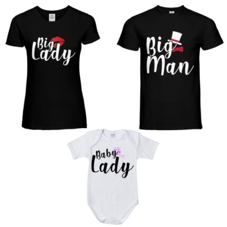 Tris t-shirt adulti e body neonato big man big lady baby boy baby lady Per la famiglia