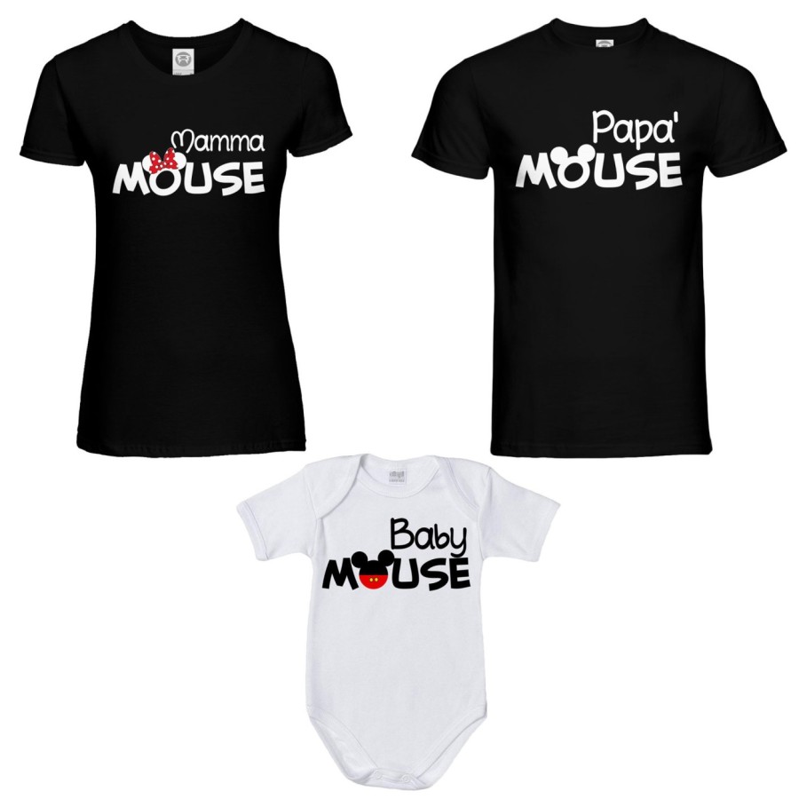 Tris t-shirt adulti e body neonato papà mouse mamma minnie mouse baby mouse Per la famiglia
