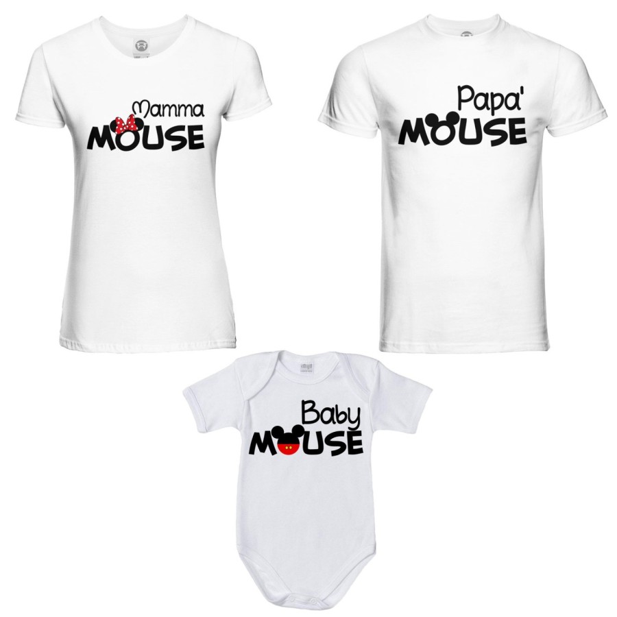 Tris t-shirt adulti e body neonato papà mouse mamma minnie mouse baby mouse Per la famiglia