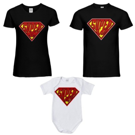 Tris t-shirt adulti e body neonato super dad super mom...
