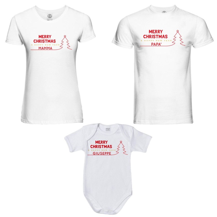 Tris t-shirt body per la famiglia personalizzato con nome merry christmas and happy new year Natale