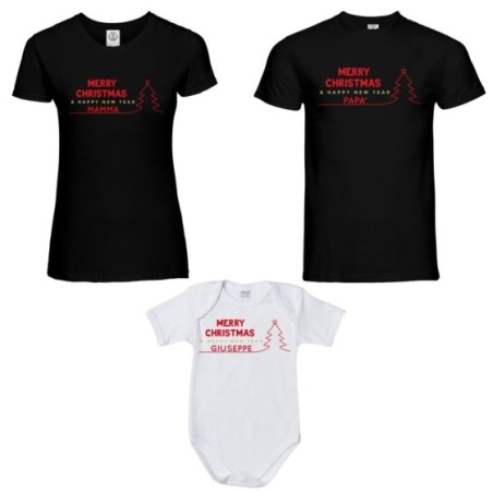 Tris t-shirt body per la famiglia personalizzato con nome merry christmas and happy new year Natale