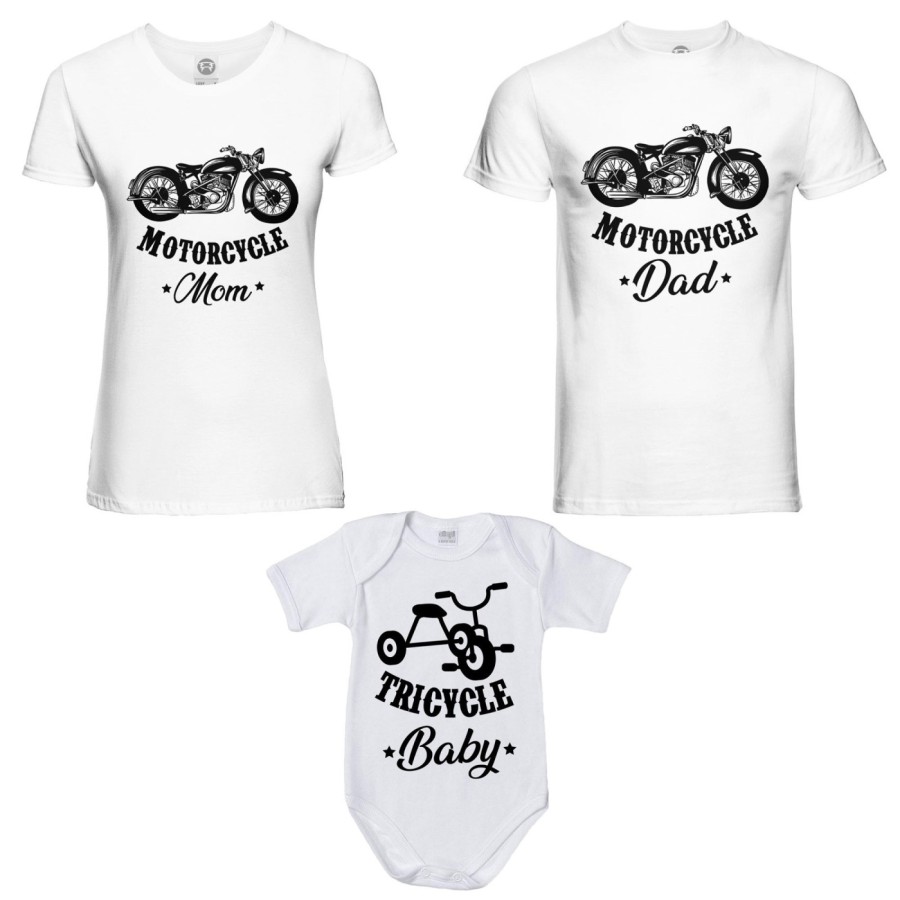 Tris t-shirt adulti e body neonato motorcycle dad motorcycle mom tricycle baby Per la famiglia