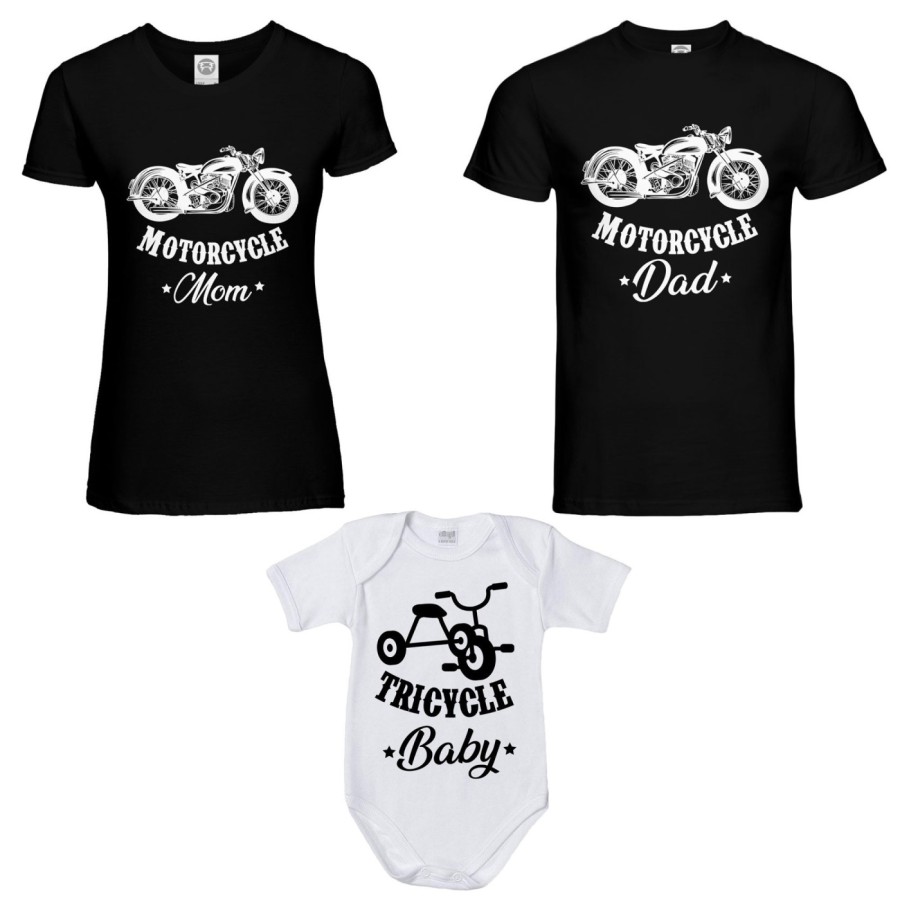 Tris t-shirt adulti e body neonato motorcycle dad motorcycle mom tricycle baby Per la famiglia