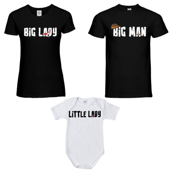 Tris t-shirt adulti e body neonato big man big lady little man little lady Per la famiglia