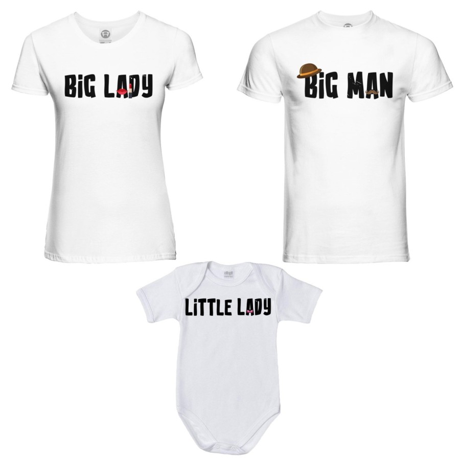 Tris t-shirt adulti e body neonato big man big lady little man little lady Per la famiglia