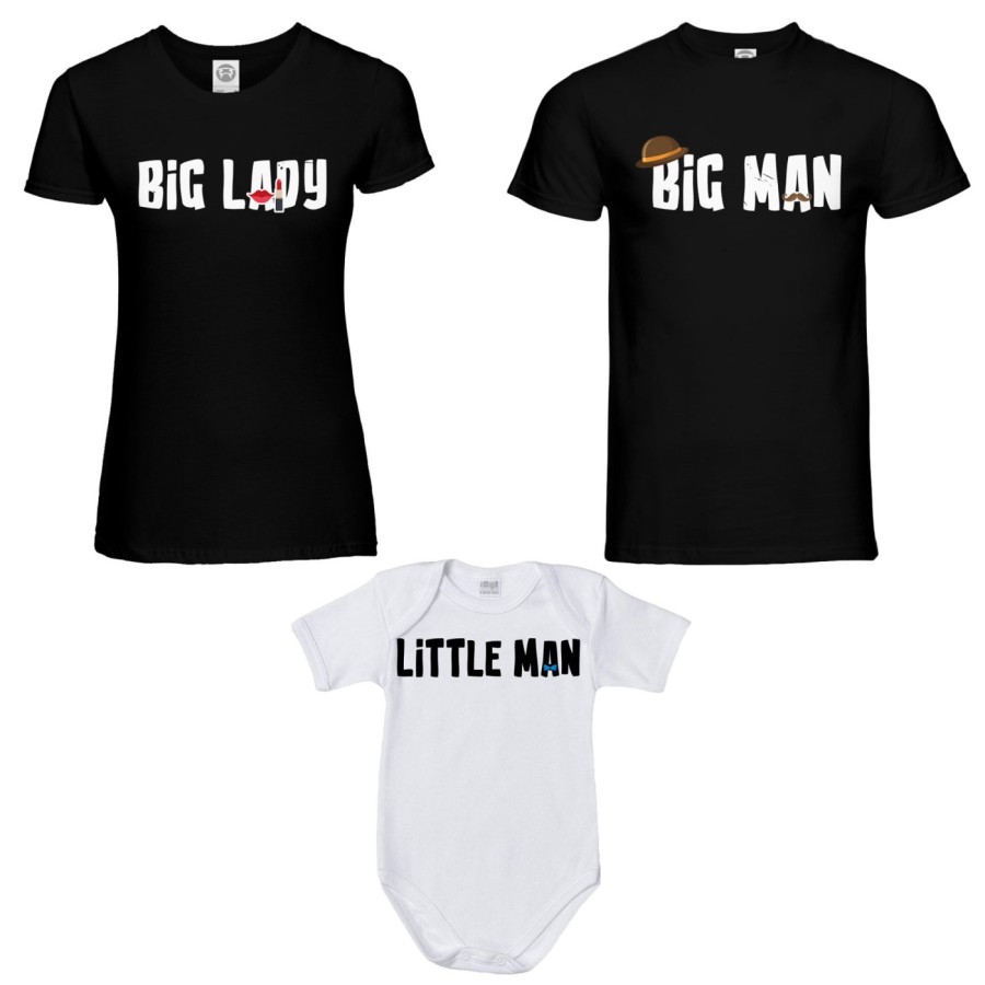 Tris t-shirt adulti e body neonato big man big lady little man little lady Per la famiglia