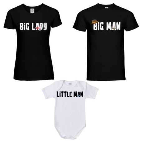 Tris t-shirt adulti e body neonato big man big lady little man little lady Per la famiglia