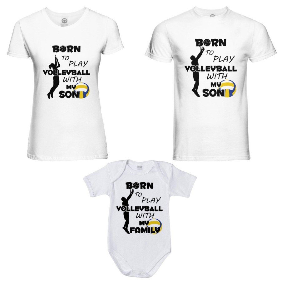 Tris t-shirt adulti e body neonato born to play volleyball with my son my daughter Per la famiglia