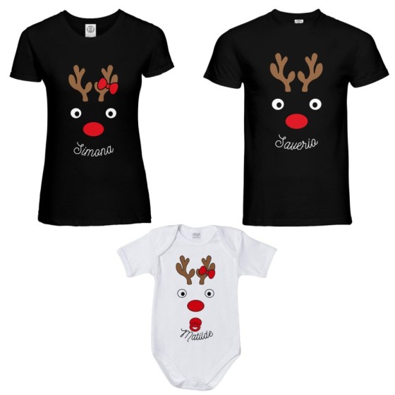 Tris t-shirt e body neonato per la famiglia personalizzabile con nomi renne natalizie Natale 2