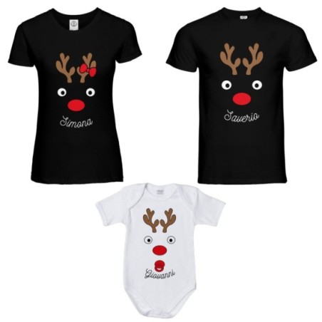 Tris t-shirt e body neonato per la famiglia personalizzabile con nomi renne natalizie Natale