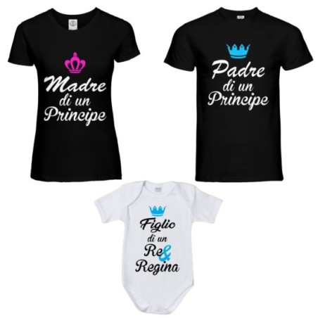 Tris t-shirt adulti body padre madre principe principessa...