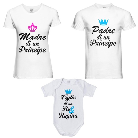 Tris t-shirt adulti body padre madre principe principessa figlio figlia re regina corona azzurra fucsia Per la famiglia 2