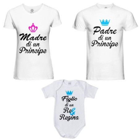 Tris t-shirt adulti body padre madre principe principessa figlio figlia re regina corona azzurra fucsia Per la famiglia