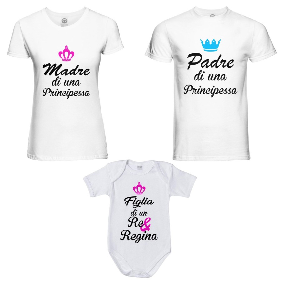 Tris t-shirt adulti body padre madre principe principessa figlio figlia re regina corona azzurra fucsia Per la famiglia