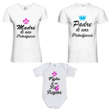 Tris t-shirt adulti body padre madre principe principessa figlio figlia re regina corona azzurra fucsia Per la famiglia