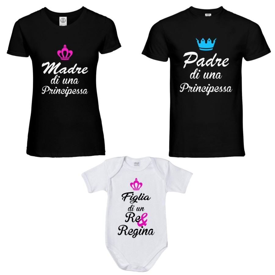 Tris t-shirt adulti body padre madre principe principessa figlio figlia re regina corona azzurra fucsia Per la famiglia