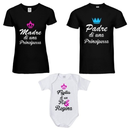 Tris t-shirt adulti body padre madre principe principessa figlio figlia re regina corona azzurra fucsia Per la famiglia