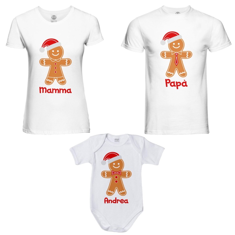 Tris t-shirt e body neonato per la famiglia personalizzabile con nome omini di pan di zenzero Natale