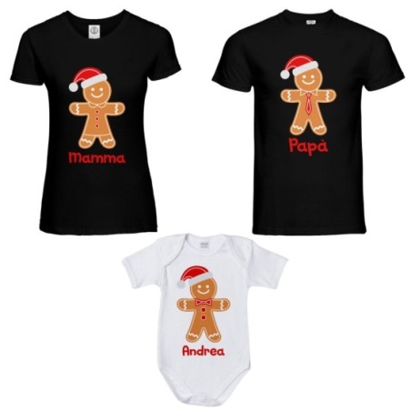 Tris t-shirt e body neonato per la famiglia personalizzabile con nome omini di pan di zenzero Natale