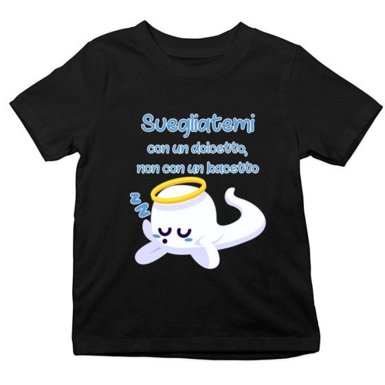 T-shirt bambino svegliatemi con un dolcetto non con un bacetto Halloween