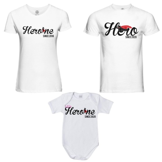 Tris t-shirt adulti body personalizzato con anno hero since heroine since little heroine since Per la famiglia