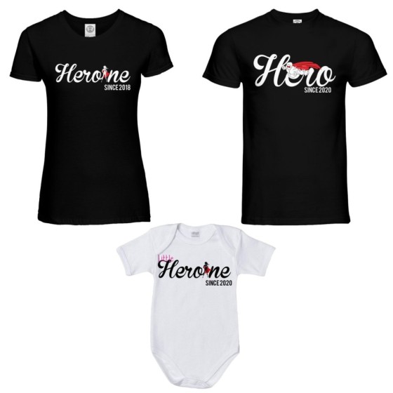 Tris t-shirt adulti body personalizzato con anno hero since heroine since little heroine since Per la famiglia 2