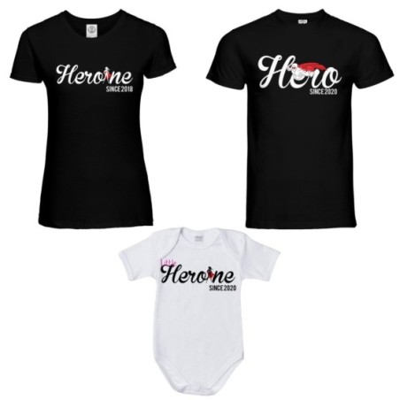 Tris t-shirt adulti body personalizzato con anno hero since heroine since little heroine since Per la famiglia