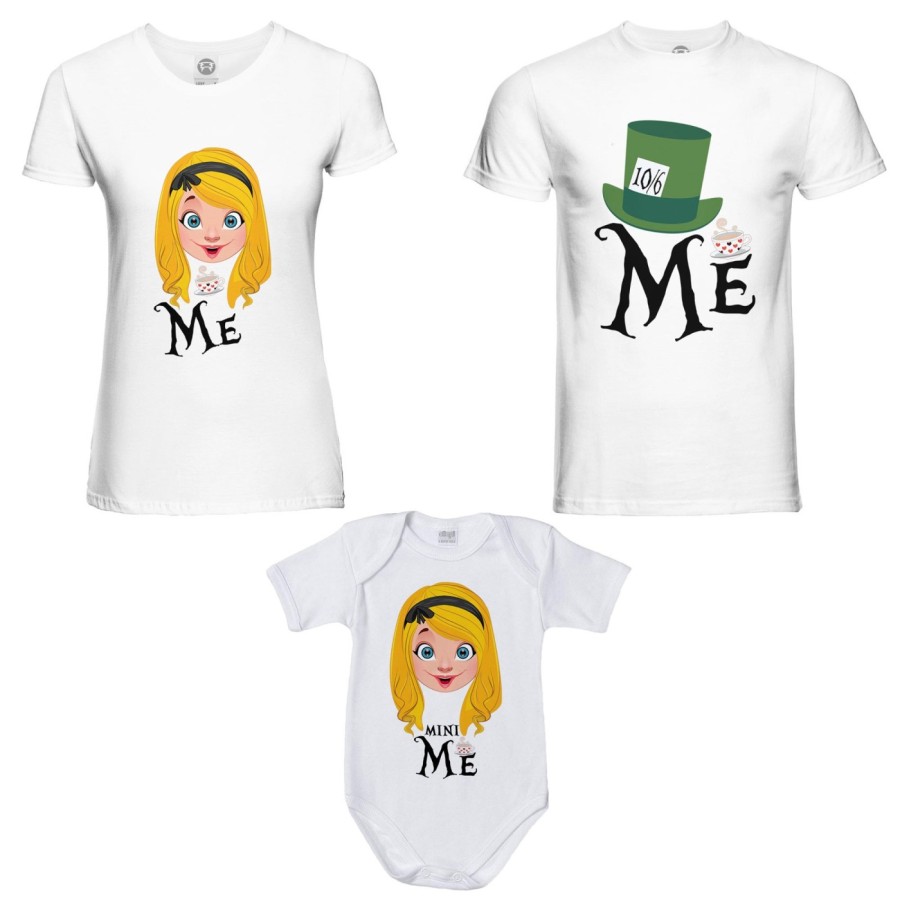 Tris t-shirt adulti e body neonato me cappellaio matto me alice matto mini alice Per la famiglia