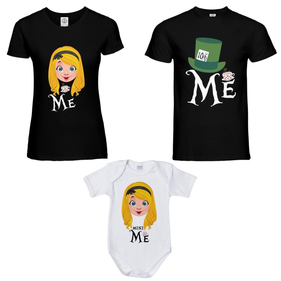 Tris t-shirt adulti e body neonato me cappellaio matto me alice matto mini alice Per la famiglia
