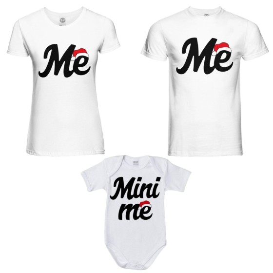 Tris t-shirt body per la famiglia personalizzabile con nome me mini me con cappello natalizio Natale