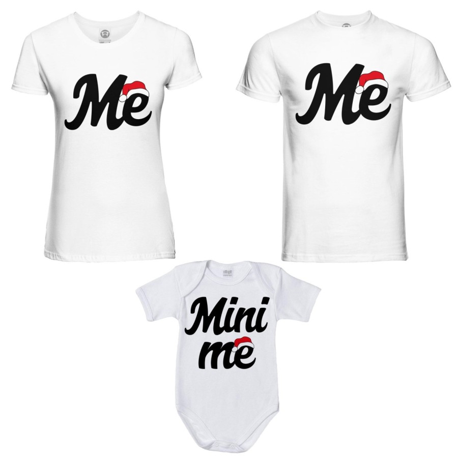 Tris t-shirt body per la famiglia personalizzabile con nome me mini me con cappello natalizio Natale