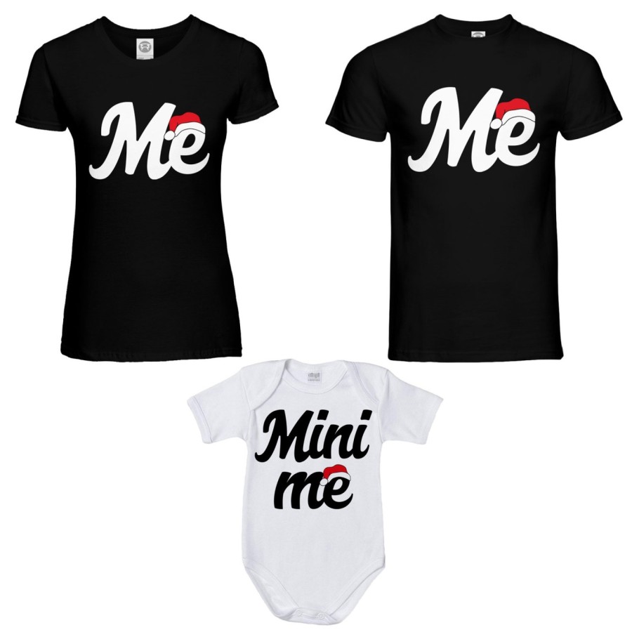 Tris t-shirt body per la famiglia personalizzabile con nome me mini me con cappello natalizio Natale