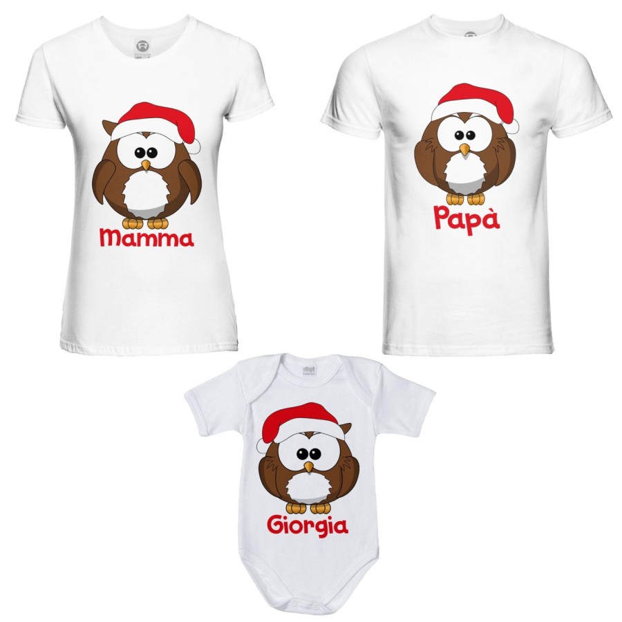 Tris t-shirt e body neonato per la famiglia personalizzato con nome gufetti natalizi Natale