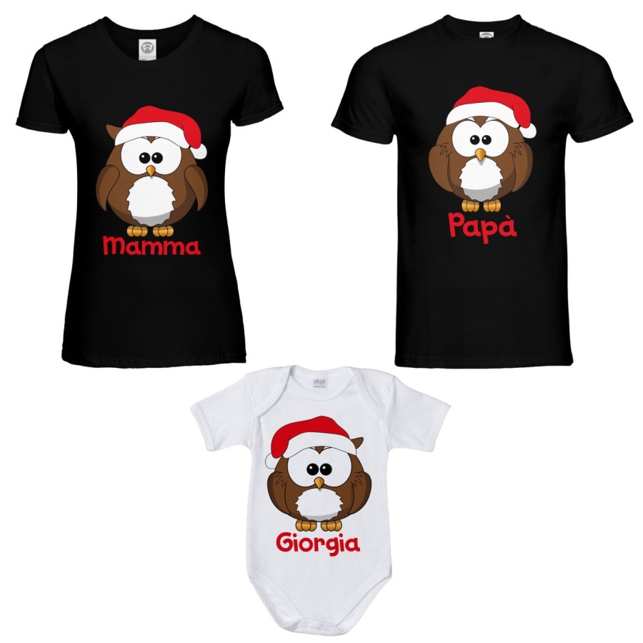 Tris t-shirt e body neonato per la famiglia personalizzato con nome gufetti natalizi Natale