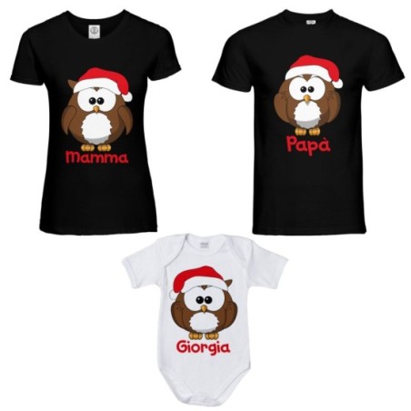 Tris t-shirt e body neonato per la famiglia personalizzato con nome gufetti natalizi Natale