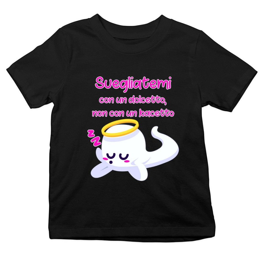 T-shirt bambino svegliatemi con un dolcetto non con un bacetto Halloween