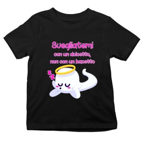 T-shirt bambino svegliatemi con un dolcetto non con un bacetto Halloween