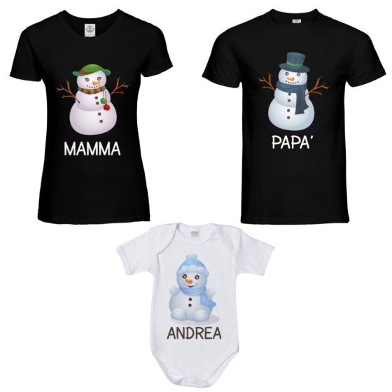 Tris t-shirt e body neonato per la famiglia personalizzabile con nomi pupazzi di neve Natale 2