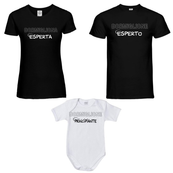 Tris t-shirt adulti body dormiglione esperto dormigliona esperta dormigliona dormiglione principiante Per la famiglia