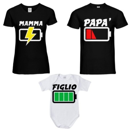 Tris t-shirt adulti e body neonato papà batteria scarica...