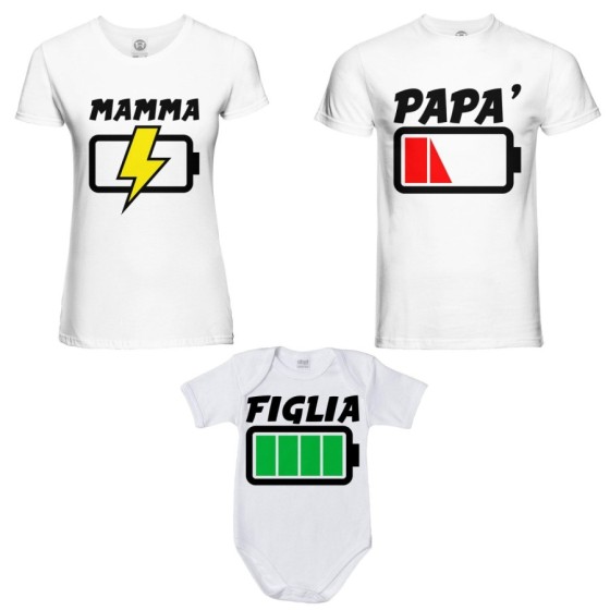 Tris t-shirt adulti e body neonato papà batteria scarica mamma in carica figlia figlio carichissimi! Per la famiglia 2
