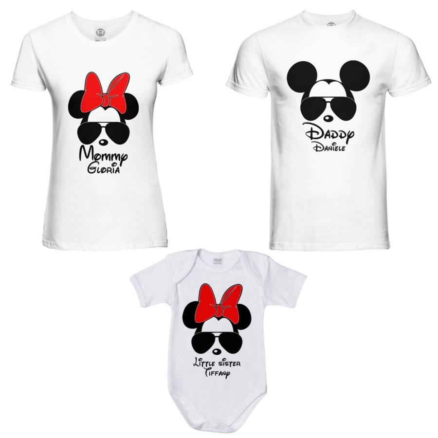 Tris t-shirt adulti body personalizzato con nome daddy mickey mommy minnie little sister minnie Per la famiglia