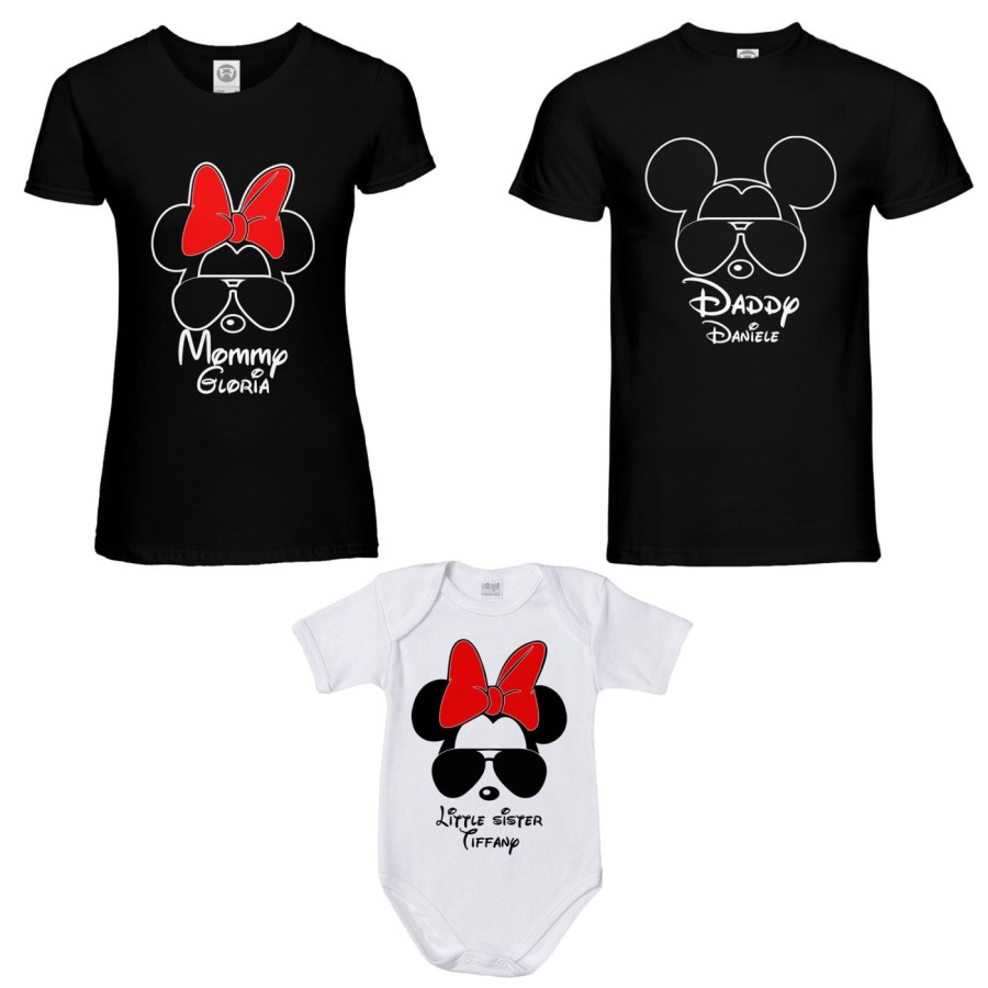 Tris t-shirt adulti body personalizzato con nome daddy mickey mommy minnie little sister minnie Per la famiglia