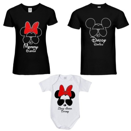 Tris t-shirt adulti body personalizzato con nome daddy mickey mommy minnie little sister minnie Per la famiglia